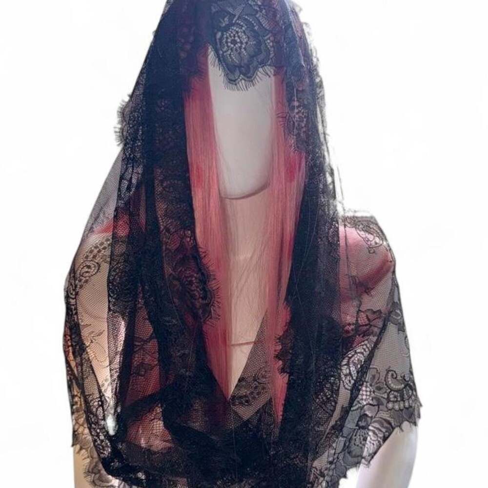 Elegant Avant Garde Black Lace Floral Snood Hood Veil Goth Whimsygoth Dark Femme
